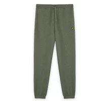 Green Lyle & Scott jogging trousers with elastic cuffs, drawstring waist, and yellow eagle logo on the left thigh.