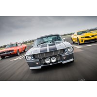 Gray Mustang GT500 muscle car with racing stripes, flanked by orange and yellow cars on a racetrack.