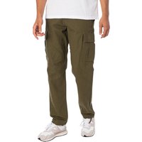Olive green loose cargo trousers with multiple pockets, relaxed fit, worn with white sneakers and a white shirt.