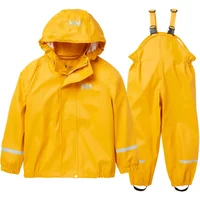 Yellow Helly Hansen kids' PU rain set with hooded jacket and adjustable bib pants, reflective stripes on sleeves and legs.