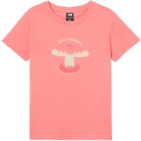 Pink kid's T-shirt by Helly Hansen with a graphic of a moose and trees, short sleeves, and a round neckline.