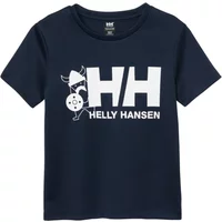 Navy blue kid's T-shirt by Helly Hansen with large white HH logo and playful graphic on front.