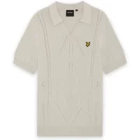 Cream knitted polo shirt with argyle pattern, short sleeves, and Lyle & Scott logo on the chest.