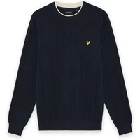Navy knitted sweater by Lyle & Scott with ribbed cuffs and hem, featuring a yellow eagle logo on the chest.
