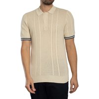Beige knitted texture polo shirt with short sleeves, buttoned collar, and striped cuffs by Superdry.