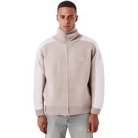 Beige knitted zip-up sweater with white sleeves and high collar by Project X Paris.