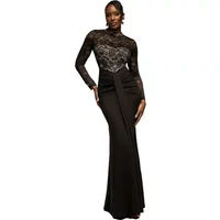 Black lace long sleeve Goddiva maxi dress with floral lace bodice and fitted skirt.