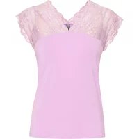 Pink lace top for women, CULTURE Poppy, with cap sleeves and scalloped V-neckline.