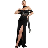 Black Goddiva maxi dress with lace wing bodice, off-shoulder sleeves, high slit, and choker neck.