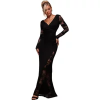 Black lace wrap dress with long sleeves and floral lace accents, Goddiva Scuba Maxi style.