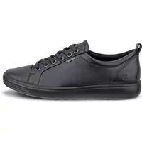 Black leather ECCO Soft 7 women's trainers with laces, low-top design, and sleek rubber sole.