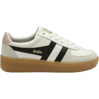 White Gola Grandslam Elite trainers with black stripes, gold logo, pink heel detail, and gum sole.