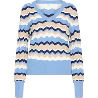 Blue and beige zigzag pointelle jumper with V-neck and long sleeves by b.young Mmorla.