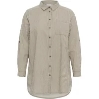 Ladies' tunic shirt KAFFE Curve Nana Striped, beige with subtle vertical stripes, button-up front, and chest pocket.