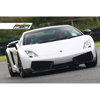 White Lamborghini Gallardo supercar on a racetrack, sleek design with black accents, PSR Experience logo in corner.