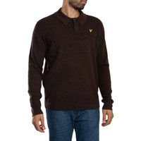 Brown Lambswool Blend Rugby Relaxed Polo Shirt with collar and yellow logo on chest, worn by a model in jeans.