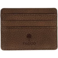 Brown leather Faguo card holder with embossed logo and three card slots.