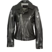 Black leather jacket with silver star patches on sleeves, asymmetrical zipper, and notched collar.