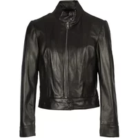 Black Oakwood Kiss leather jacket, women's style, with high collar, front zipper, and tailored fit.
