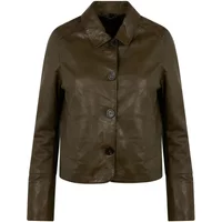 Brown Oakwood Leslie women's leather jacket with large buttons and a short collar.