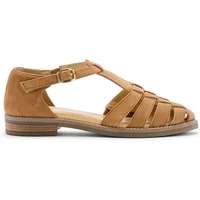Brown leather Velcro sandals for women by Pédiconfort, featuring a closed heel and open toe design with adjustable strap.