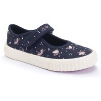 Navy unicorn canvas girls shoes with single bar rip-tape, white sole, and unicorn pattern by Start-Rite Shoes.