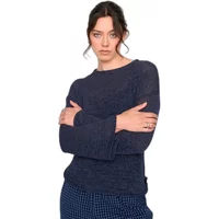 Navy blue light knit jumper for women, long sleeves, round neckline, worn by model with arms crossed.