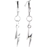Silver lightning bolt earrings with hoop closures and dangling charm design.