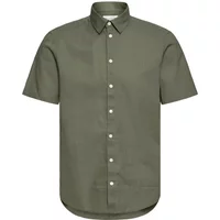 Olive green linen blend short-sleeve shirt with button-down collar and white buttons.