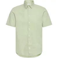 Light green short-sleeve linen shirt with button-down collar and front buttons.