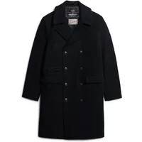 Black Superdry long coat with double-breasted design, notched lapels, and front flap pockets.