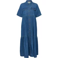 Long denim dress with short sleeves, button-down front, and tiered skirt by CULTURE Mona Arpa.