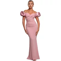Long fitted pink scuba dress with puff sleeves, off-shoulder neckline, and satin finish by Goddiva.