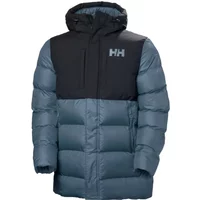Long hooded down jacket by Helly Hansen, blue with black shoulders, front zipper, and HH logo on chest.