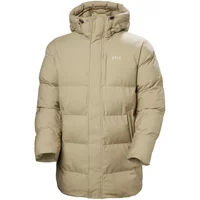 Beige Helly Hansen Alby long hooded down jacket with quilted design and front zipper.
