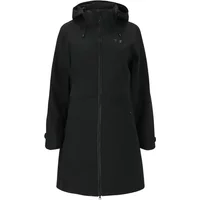 Black long hooded jacket with front zipper, adjustable cuffs, and weather-resistant fabric by Weather Report.