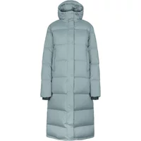Light gray long puffer jacket with hood, quilted design, and full-length zipper closure.