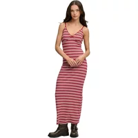 Long jersey dress for women with red and black stripes, sleeveless, V-neck, ankle-length by Superdry.
