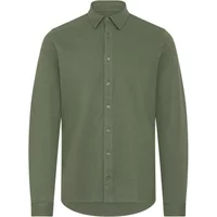 Olive green long sleeve jersey polo shirt with button-up front and classic collar.