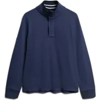 Navy blue long sleeve polo shirt with a Henley collar and button placket by Superdry.