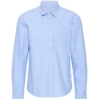 Blue and white striped long sleeve seersucker shirt with button-down front and chest pocket.