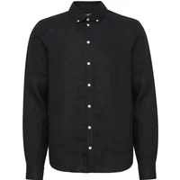 Black long-sleeved linen shirt with button-down collar and white buttons by Casual Friday.
