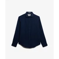 Navy blue long-sleeved linen shirt by Superdry Riviera with a classic collar and button-down front.