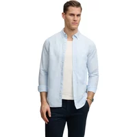 Light blue long-sleeved linen shirt by Superdry, button-up with a classic collar, worn by a model with rolled sleeves.