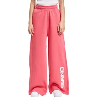 Pink loose women's joggers by Dangerous DNGRS, wide legs, elastic waistband, white DNGRS logo on lower left leg.