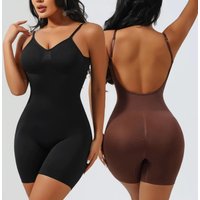 Black and brown seamless bodysuit with low back, adjustable straps, mid-thigh length, and tummy control design.