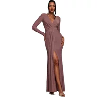 Purple Lurex Goddiva dress with long sleeves, deep V-neck, and thigh-high slit.