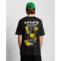 Black Lyle & Scott T-shirt with bold yellow and white graphic print on back, worn by person in green cap.