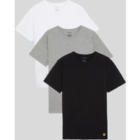 Three-pack of Lyle & Scott men's T-shirts in black, grey, and white, featuring a small yellow logo on the black shirt.