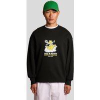 Black Lyle & Scott sweatshirt with chest graphic of a yellow cartoon character and white text, worn by a model.